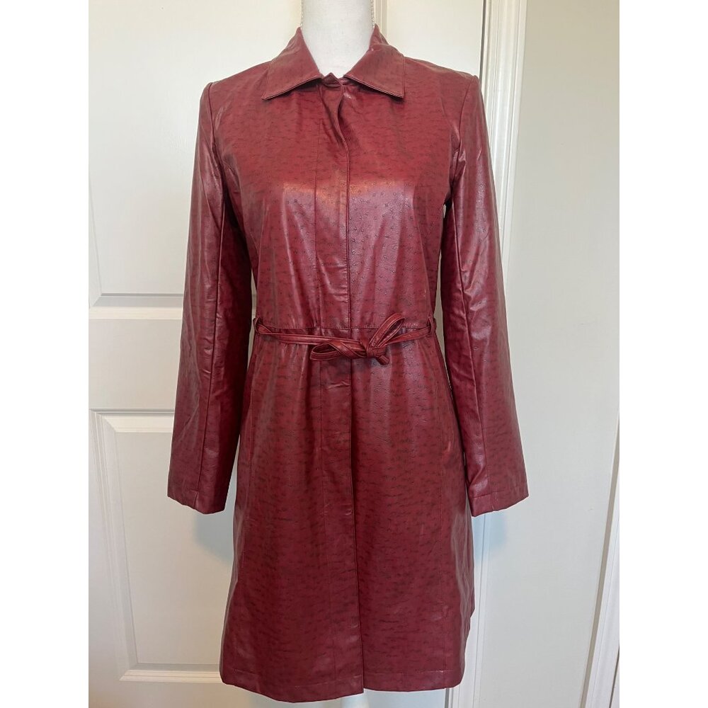 Vtg Evolution Not Revolution Red Faux Ostrich Leather Belted Trench Coat Soft